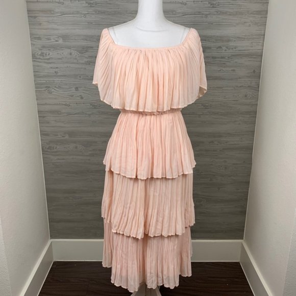 Just Me - Bardot Layered Ruffle Midi Dress - Pink - Picture 3 of 5